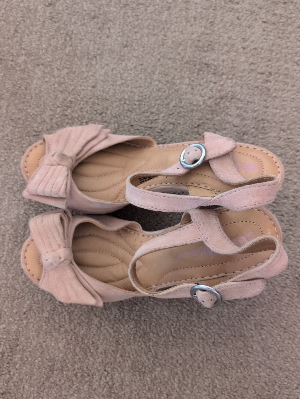 Born Crown Vintage Open Peep Toe Blush Suede Kitten Heel Strap Sandals With Bow - Picture 6 of 8